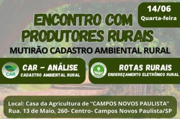 Mutirão para regularização do CAR (Cadastro Ambiental Rural) e Rotas Rurais (endereçamento das propriedades rurais), no município de Campos Novos Pta/SP. 