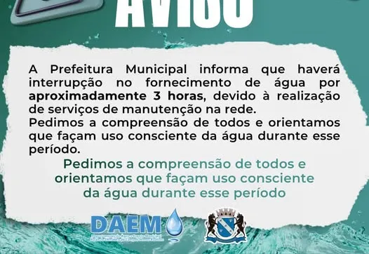 Atenção: interrupção no abastecimento de água