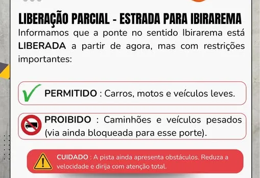 Aviso Importante – Liberação Parcial da Estrada para Ibirarema