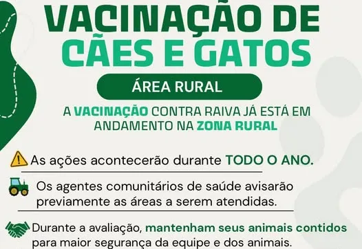 Vacinação Antirrábica para Cães e Gatos já está acontecendo na Zona Rural 